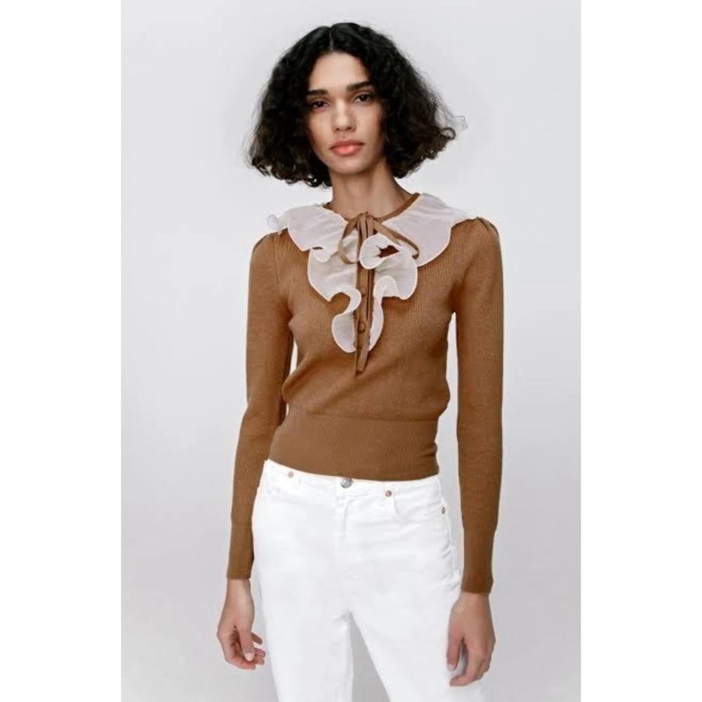 Zara Brown V-Neck Sweater with Cream Ruffle Collar